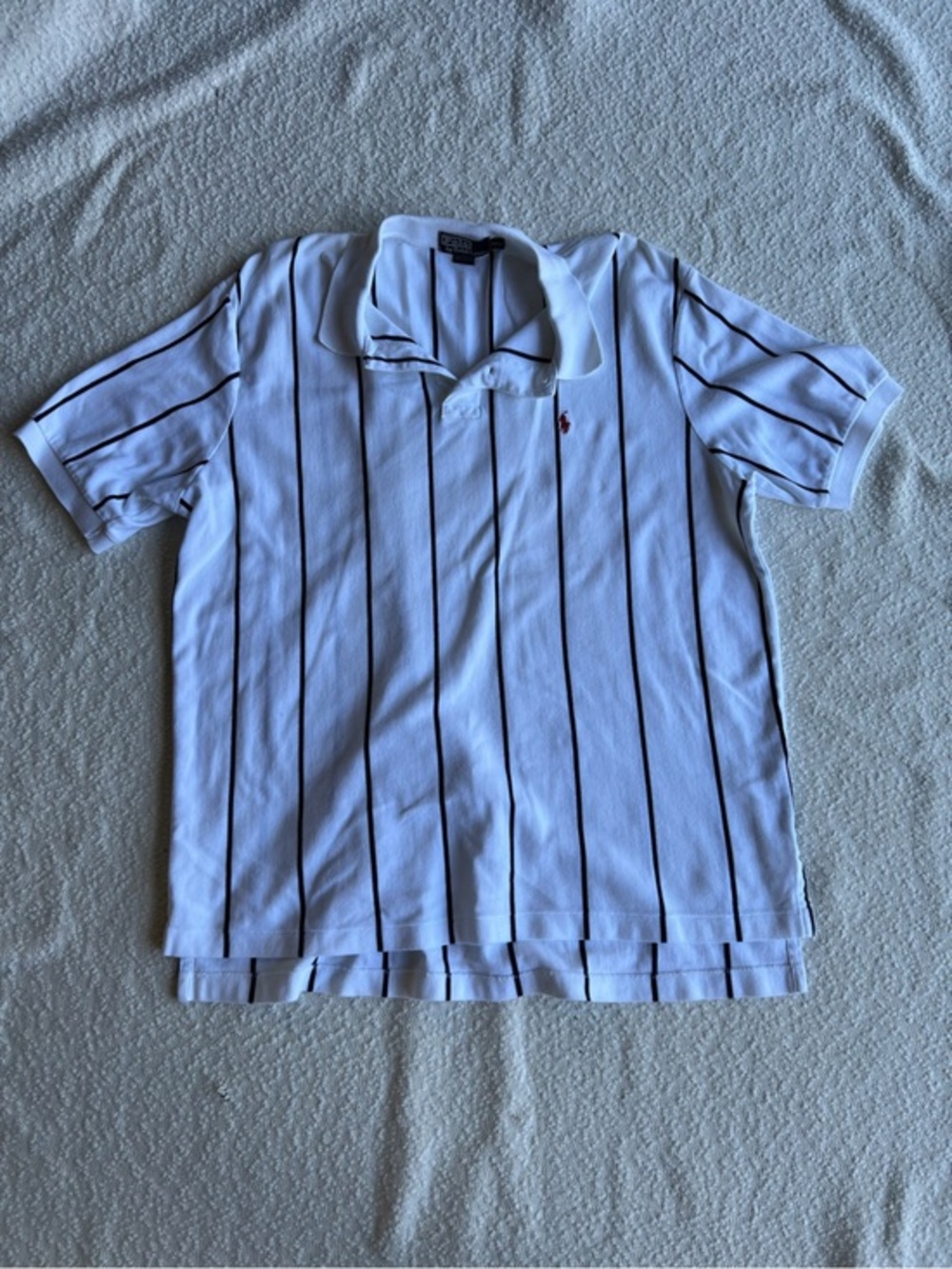 Vintage Polo Ralph Lauren Striped Polo Shirt XXL White Navy Pinstripe‎ Hong Kong